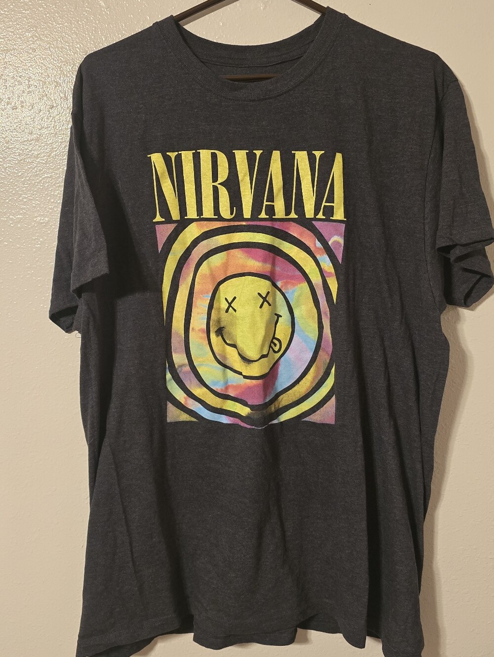 Nirvana Smiley Face Graphic T-Shirt Dark Gray Tie Dye Print Mens Size 2XL